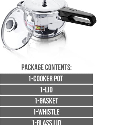 VINOD Stainless Steel Handi Pressure Cooker  Glass Lid 1.5L 2.5L 3.5L 5.5L GAS Induction Compatible