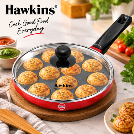 Hawkins Non Stick Appe Pan 20cm and 24cm 12 Cup Paniyaram Pan with Glass Lid