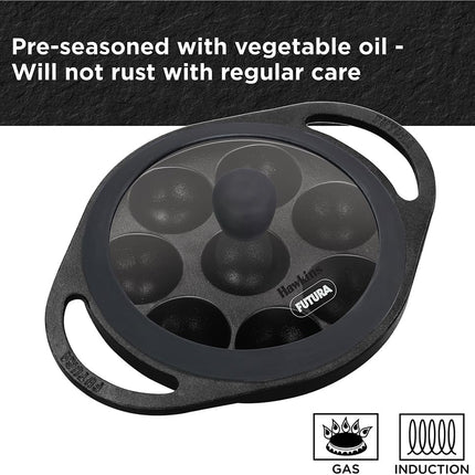 Hawkins Futura Cast Iron Appe Pan 16cm 8 Cup Paniyaram Pan Plus Glass Lid