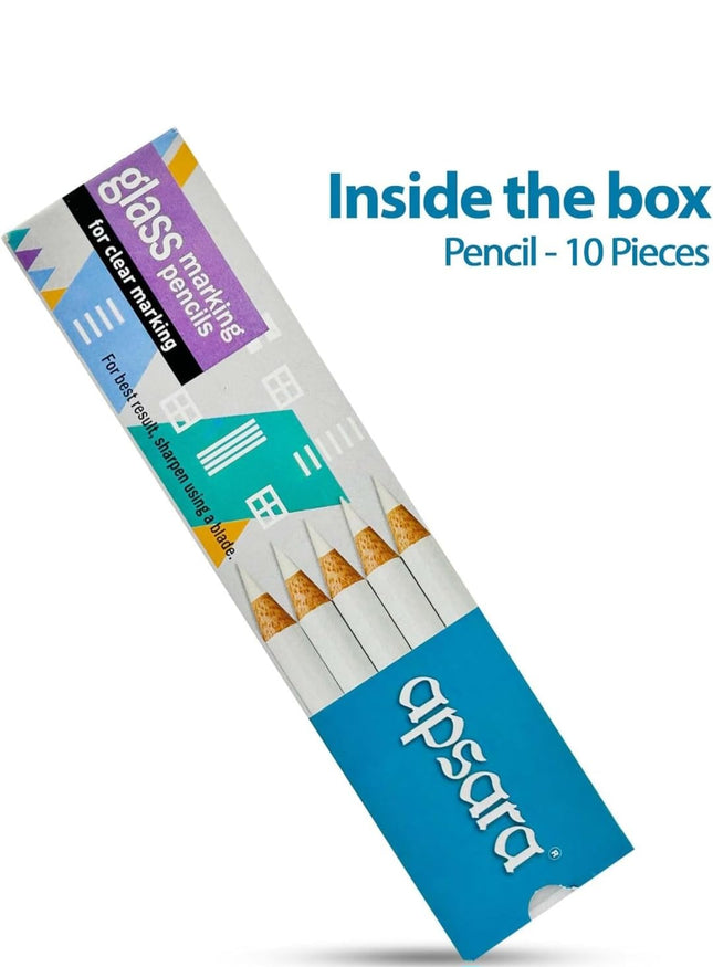 Apsara Glass Marking Pencils Pack of 10 White OR Blue Marking for Glass, Metal, Leather & Smooth Surfaces ,Clear Smooth & Precise Marking