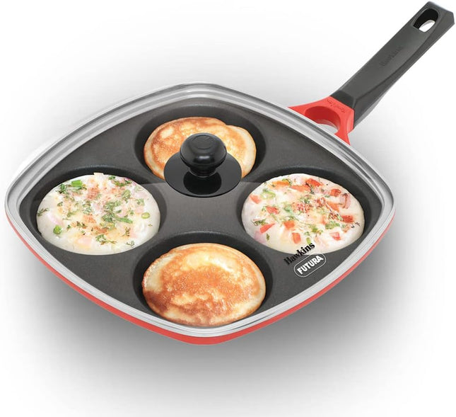 Hawkins 30 cm Nonstick Mini Uttapam Pan with Glass Lid, Multi Snack & Pancake Maker, Red