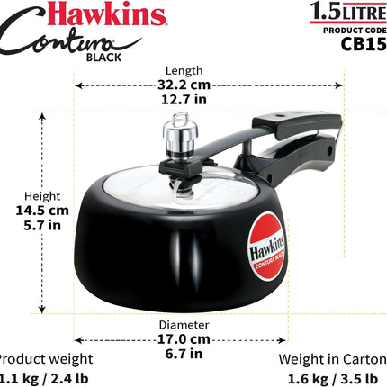 Hawkins Contura Hard Anodized Pressure Cooker 1.5L to 6.5L Curved Body Energy Efficient Cooker