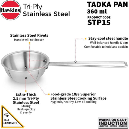 Hawkins 1,5 šálku pánev Tadka, nerezová ocel Triply 360 ml, indukční pánev, stříbrná (STP15)