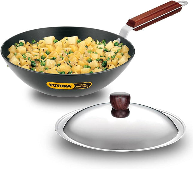 Hawkins Futura Hard Anodised Deep-Fry Pan (Kadhai), Long Handle, with Stainless Steel Lid, Black