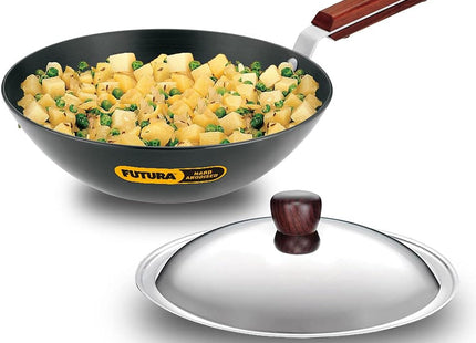 Hawkins Futura Hard Anodised Deep-Fry Pan (Kadhai), Long Handle, with Stainless Steel Lid, Black