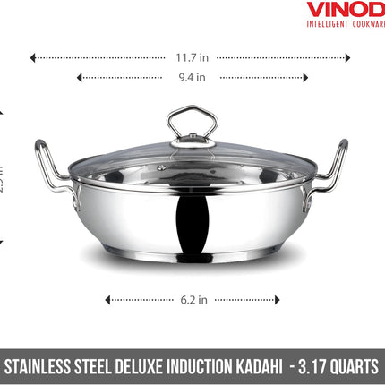 VINOD Stainless Steel Kadai + Glass Lid Deep Indian Kadhai Pan 18cm 20cm 24cm 26cm 30cm Heavy Duty Frying Curries  Stir Fry GAS Induction Compatible Cooking