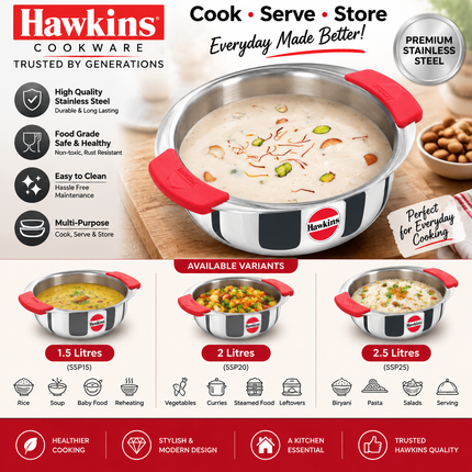 Hawkins Tri Ply Stainless Steel Cook Serve Handi 1.5L 2L 2.5L Silicone Grip