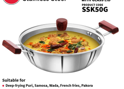 Hawkins Tri-Ply Stainless Steel Deep Kadhai with Glass Lid 4L 5L Kadai Induction Compatible