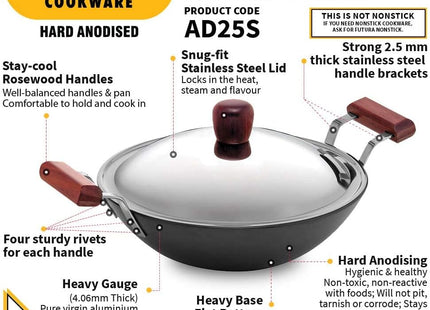 Hawkins Futura Hard Anodised Deep Fry Pan Collection – 2.5L, 3.75L, 5L & 7.5L Flat Bottom Kadai with Stainless Steel Lid, Black