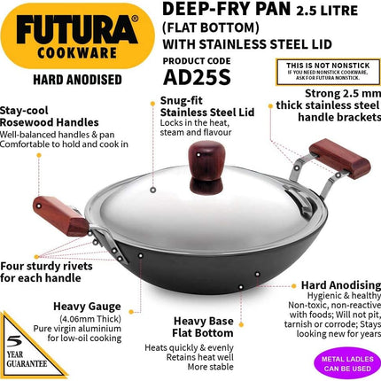 Hawkins Futura Hard Anodised Deep Fry Pan 2.5L 3.75L 5L 7.5L Stainless Steel Lid