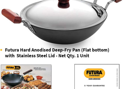 Hawkins Futura Hard Anodised Deep Fry Pan Collection – 2.5L, 3.75L, 5L & 7.5L Flat Bottom Kadai with Stainless Steel Lid, Black