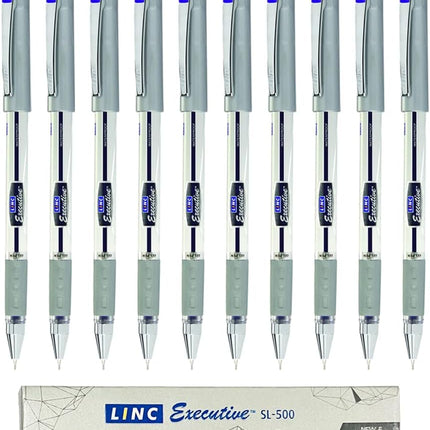 Linc Executive SL-500 Gel Pens, BLUE, Fine Point (0.55mm), Pack of 10, Comfortable Elastomeric Rubber Grip, Lubriflow Ink System, School Office Home Pens