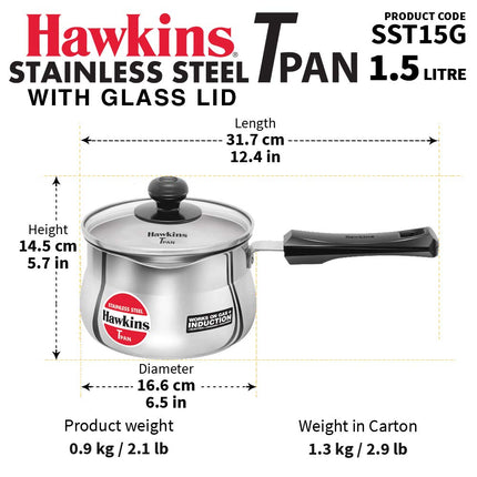 Hawkins Stainless Steel TPan 1L 1.5L 2L Saucepan Glass Lid Induction Gas