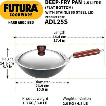 Hawkins Futura 2.5L Hard Anodised Deep Fry Pan Kadai with Stainless Steel Lid