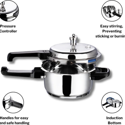 VINOD Stainless Steel Outer Lid Pressure Cooker Induction Gas Compatible Cooker 2L 3L 5L 7L 10L