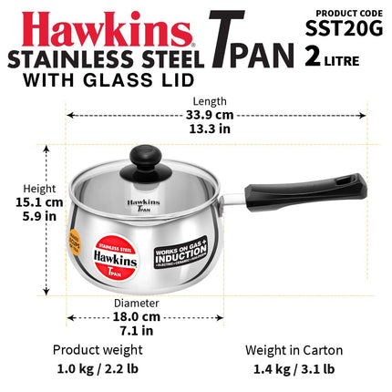 Hawkins Stainless Steel TPan 1L 1.5L 2L Saucepan Glass Lid Induction Gas