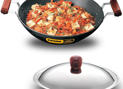 Hawkins Futura Hard Anodised Deep Fry Pan Collection – 2.5L, 3.75L, 5L & 7.5L Flat Bottom Kadai with Stainless Steel Lid, Black