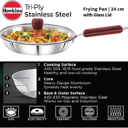 Hawkins Tri Ply Stainless Steel Frying Pan 26cm Glass Lid 3mm Construction