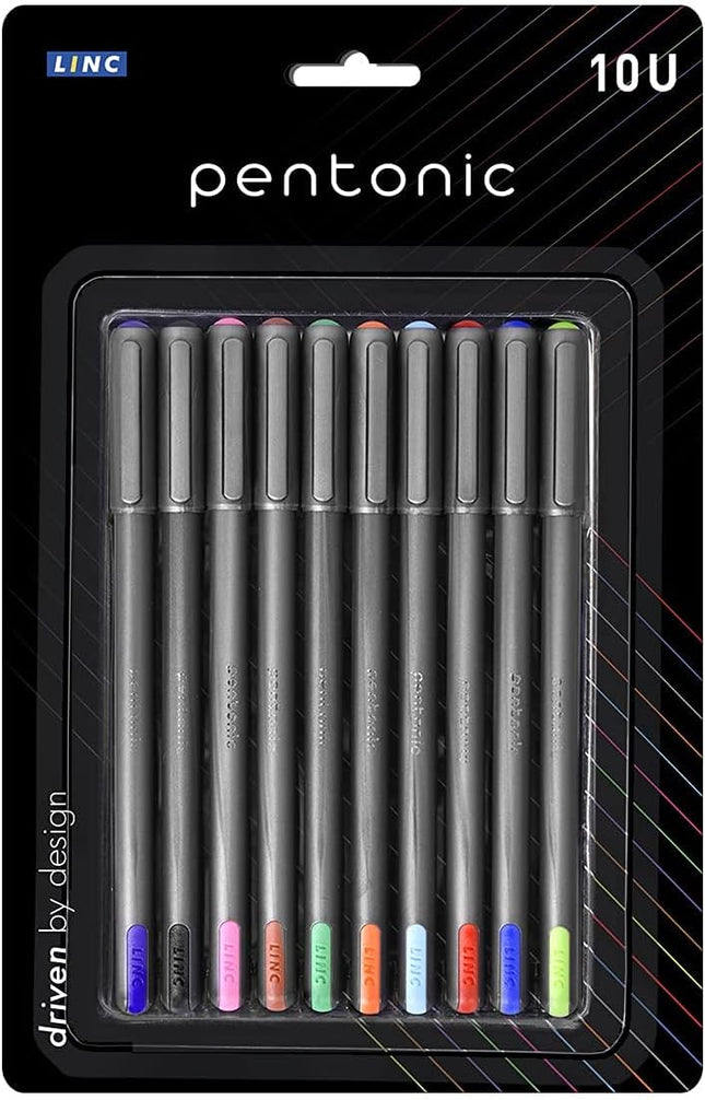 Pentonic Ball Pen Blister Pack | 0.7 mm Tip Size | Smooth Writing, Sleek Matte Finish | Use For School, office | Black Body, Multicolor Ink, Pack of 10