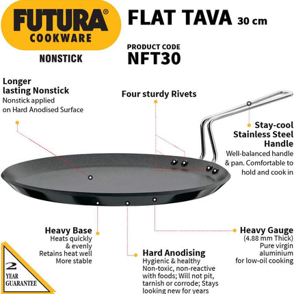 Hawkins Futura 30cm Non Stick Flat Tava Hard Anodised Aluminium Dosa Tawa PFOA Free Griddle Pan