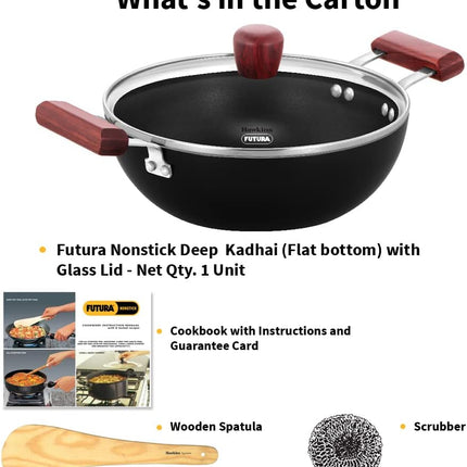 Hawkins Futura 2.5L Non Stick Deep Kadhai Glass Lid Induction Gas Compatible