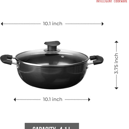 VINOD Hard Anodized Aluminium Cookware Pan + Glass Lid 18cm 20cm 22cm 24cm 26cm Stove Compatible Kitchen Cookware Durable Cooking  Curry Rice Everyday Meals