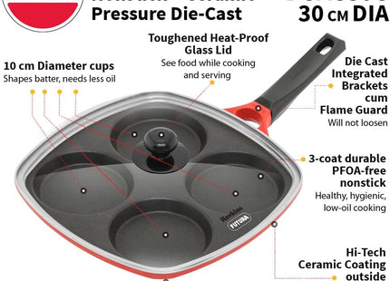 Hawkins 30 cm Nonstick Mini Uttapam Pan with Glass Lid, Multi Snack & Pancake Maker, Red