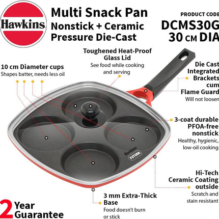 Hawkins 30cm Multi Snack Pan Non Stick Mini Uttapam Pan and Glass Lid