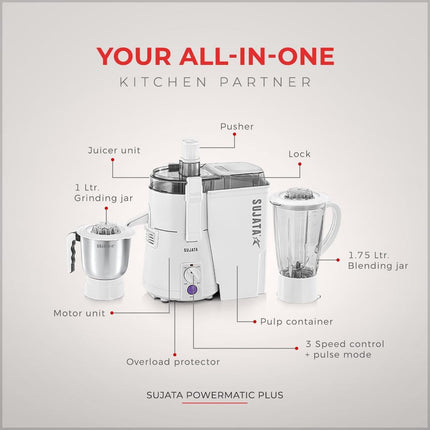 Sujata Powermatic Plus 900W Indian Juicer Mixer Grinder for Grinding Blending and Juice Extraction