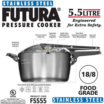 Hawkins Futura Stainless Steel Pressure Cooker 5.5L Inner Lid Induction Compatible Cooker