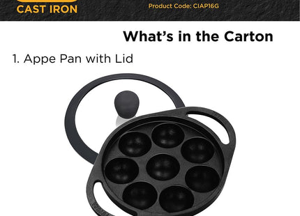 Hawkins Futura Cast Iron Appe Pan (Paniyaram Pan), 16 cm, 8 Cups, with Glass Lid, Black