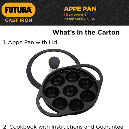 Hawkins Futura Cast Iron Appe Pan 16cm 8 Cup Paniyaram Pan Plus Glass Lid