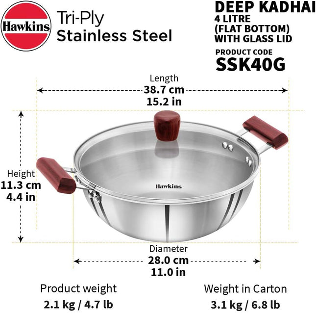 Hawkins Tri-Ply Stainless Steel Induction Compatible Deep Kadhai (Deep-Fry Pan) with Glass Lid, Capacity 4 / 5 Litre, Diameter 28 cm, Thickness 3 mm, Silver