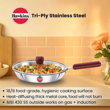 Hawkins Tri Ply Stainless Steel Frying Pan 26cm Glass Lid 3mm Construction