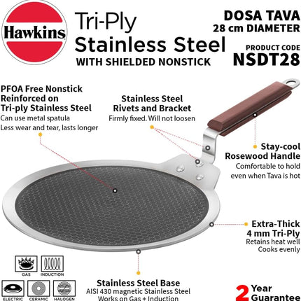 Hawkins Futura Triply Stainless Steel Non Stick Tava 26cm 28cm Shielded Honeycomb Dosa Paratha Pan Induction Compatible