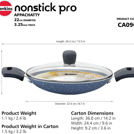 Hawkins Non Stick Appachatty 0.9L Mini Kadhai Granite Coated Pan + Glass Lid