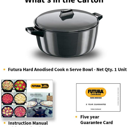 Hawkins Futura Hard Anodised Cook-n-Serve Bowl + Lid – 2L, 3L, 4L, 6L Casserole Pot