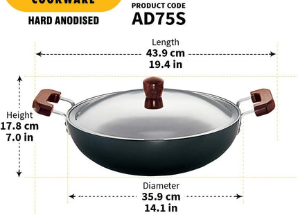 Hawkins Futura Hard Anodised Deep Fry Pan Collection – 2.5L, 3.75L, 5L & 7.5L Flat Bottom Kadai with Stainless Steel Lid, Black