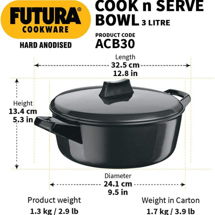 Hawkins Futura Hard Anodised Cook-n-Serve Bowl + Lid – 2L, 3L, 4L, 6L Casserole Pot