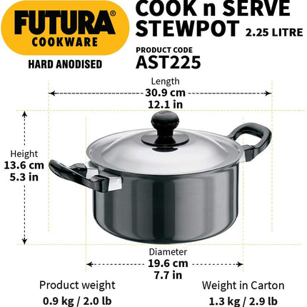 Hawkins Futura Hard Anodised Stewpot 2.25L and 5L Aluminium Cookware with Lid
