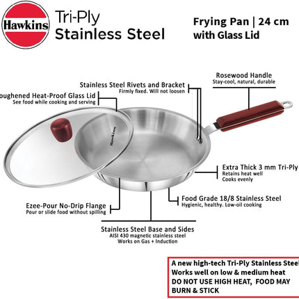 Hawkins Tri Ply Stainless Steel Frying Pan 26cm Glass Lid 3mm Construction