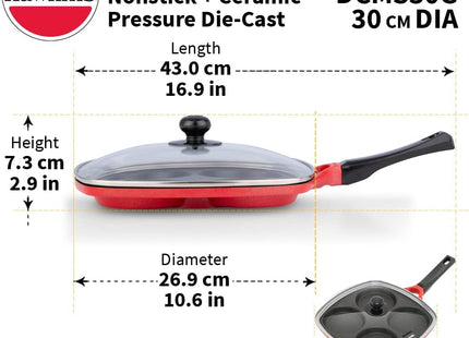 Hawkins 30 cm Nonstick Mini Uttapam Pan with Glass Lid, Multi Snack & Pancake Maker, Red