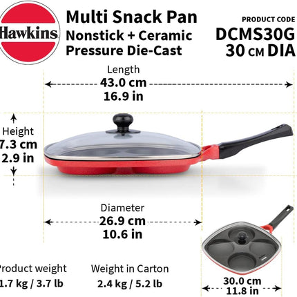 Hawkins 30cm Multi Snack Pan Non Stick Mini Uttapam Pan and Glass Lid