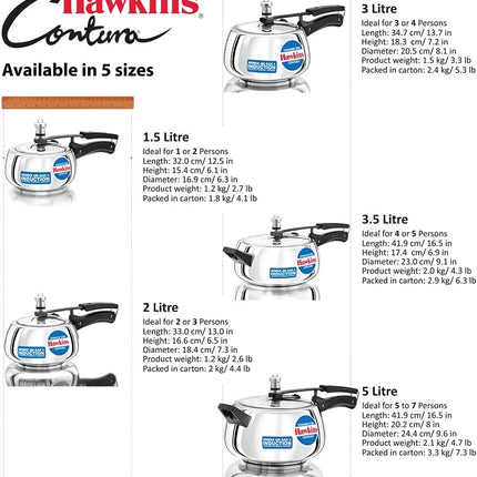 Hawkins Stainless Steel Pressure Cooker 1.5L 2L 3L 3.5L 5L with Induction Compatible Base