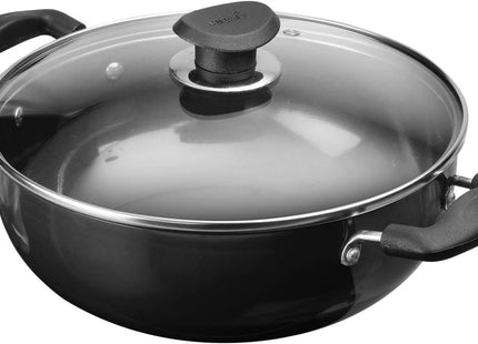 Vinod Black Pearl Hard Anodized Deep Kadai with Glass Lid Heavy Duty Aluminium Kadhai Gas & Induction Compatible Metal Spoon Safe Non-Stick Cooking | Sizes: 18cm, 20cm, 22cm, 24cm, 26cm