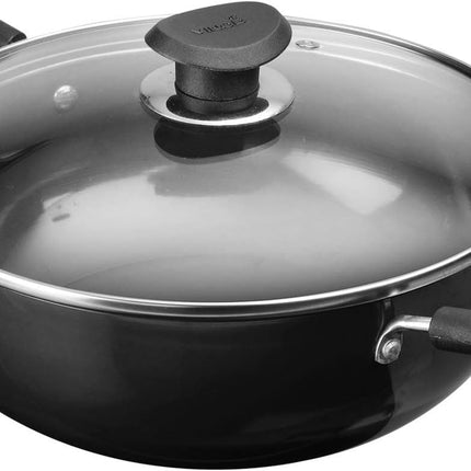 VINOD Hard Anodized Aluminium Cookware Pan + Glass Lid 18cm 20cm 22cm 24cm 26cm Stove Compatible Kitchen Cookware Durable Cooking  Curry Rice Everyday Meals