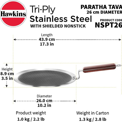 Hawkins 26cm Triply Stainless Steel Paratha Tava Nonstick Flat Tawa Rosewood Handle Induction Gas Pan