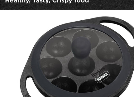 Hawkins Futura Cast Iron Appe Pan (Paniyaram Pan), 16 cm, 8 Cups, with Glass Lid, Black
