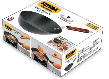 Hawkins Futura Hard Anodised Deep-Fry Pan (Kadhai), Long Handle, with Stainless Steel Lid, Black