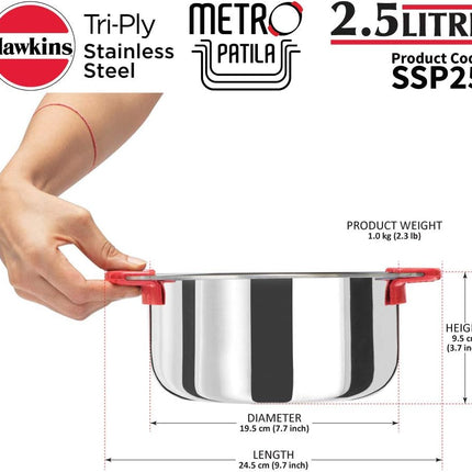 Hawkins Tri Ply Stainless Steel Cook Serve Handi 1.5L 2L 2.5L Silicone Grip
